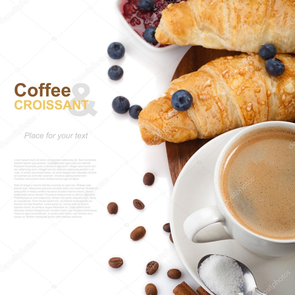 coffee with croissants and blueberries on white background