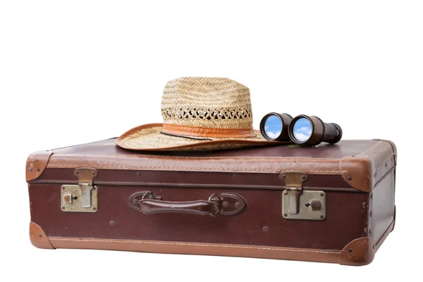 Suitcase with Hat and Binoculars — Stock Photo, Image