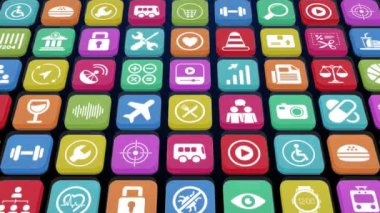App 3d - Monitor with apps icons set - Set of applications symbols on mobile device screen - 3d 4K animation