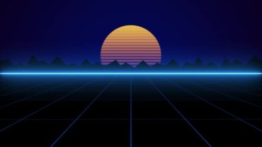 Arcade videogame classic abstract vintage and retro neon background 4k - Sun and grid tunnel