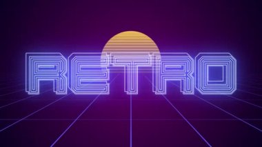Arcade videogame classic abstract vintage and retro neon background 4k - Sun and grid tunnel