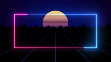 Arcade videogame classic abstract vintage and retro neon background 4k - Sun and grid tunnel