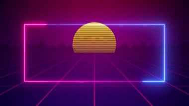 Arcade videogame classic abstract vintage and retro neon background 4k - Sun and grid tunnel