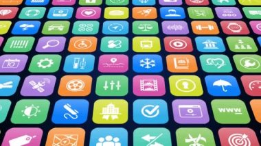 App 3d - Monitor with apps icons set - Set of applications symbols on mobile device screen - 3d 4K animation