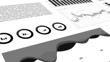 Finance business background with diagrams, statistics graphs and data report. Financial analysis concept. Black and white 4K 3D animation
