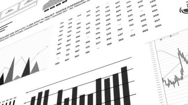 Finance business background with diagrams, statistics graphs and data report. Financial analysis concept. Black and white 4K 3D animation
