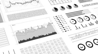 Finance business background with diagrams, statistics graphs and data report. Financial analysis concept. Black and white 4K 3D animation