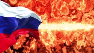 Russia waving flags burning on fire. Symbol of Ukrainian and Russian conflict. 3d 4k background.