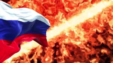 Russia waving flags burning on fire. Symbol of Ukrainian and Russian conflict. 3d 4k background.