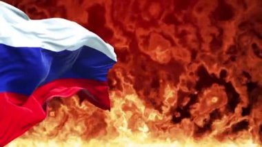 Russia waving flags burning on fire. Symbol of Ukrainian and Russian conflict. 3d 4k background.