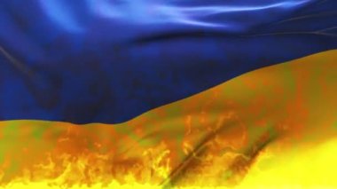 Ukraine waving flags burning on fire. Symbol of Ukrainian and Russian conflict. 3d 4k background.