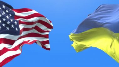 Ukraine and USA waving flag. Ukrainian symbol. 3d 4k.