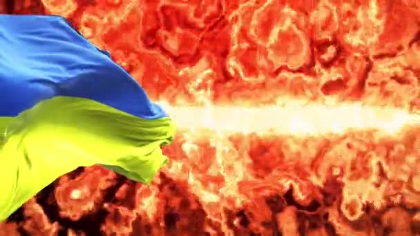 Ukraine Waving Flags Burning Fire Symbol Ukrainian Russian Conflict Background — Vídeo de Stock