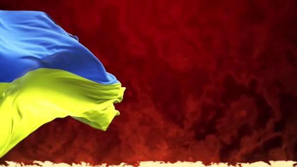 Ukraine Waving Flags Burning Fire Symbol Ukrainian Russian Conflict Background — Video