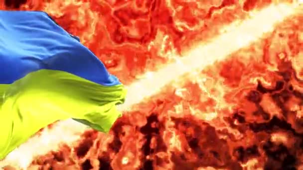 Ukraine Waving Flags Burning Fire Symbol Ukrainian Russian Conflict Background — Stockvideo
