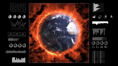 Climate changes analysis. Digital interface with animated infographics, data report and stats. Global warming study concept. Earth globe 3d burning for climate changes.