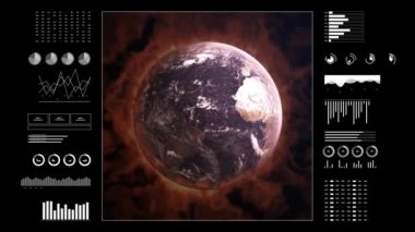 Climate changes analysis. Digital interface with animated infographics, data report and stats. Global warming study concept. Earth globe 3d burning for climate changes.