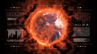 Climate changes analysis. Digital interface with animated infographics, data report and stats. Global warming study concept. Earth globe 3d burning for climate changes.