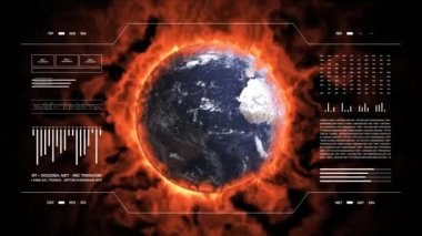 Climate changes analysis. Digital interface with animated infographics, data report and stats. Global warming study concept. Earth globe 3d burning for climate changes.