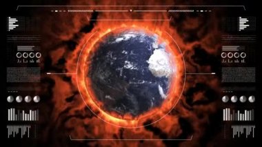 Climate changes analysis. Digital interface with animated infographics, data report and stats. Global warming study concept. Earth globe 3d burning for climate changes.