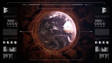 Climate changes analysis. Digital interface with animated infographics, data report and stats. Global warming study concept. Earth globe 3d burning for climate changes.