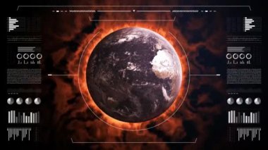 Climate changes analysis. Digital interface with animated infographics, data report and stats. Global warming study concept. Earth globe 3d burning for climate changes.