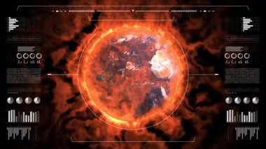 Climate changes analysis. Digital interface with animated infographics, data report and stats. Global warming study concept. Earth globe 3d burning for climate changes.