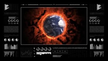 Climate changes analysis. Digital interface with animated infographics, data report and stats. Global warming study concept. Earth globe 3d burning for climate changes.
