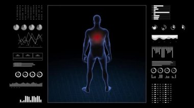 Sırt patolojisi olan adam. Çocuğun üç boyutlu vücudu. Dönen animasyon ve erkek insan yapısına yakın çekim. 4k HUD görüntüsü.