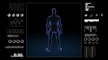 Topuklu ayakkabı patolojisi olan bir adam. Çocuğun üç boyutlu vücudu. Dönen animasyon ve erkek insan yapısına yakın çekim. 4k HUD görüntüsü.