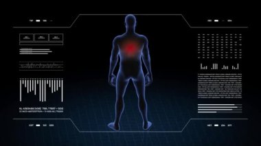 Sırt patolojisi olan adam. Çocuğun üç boyutlu vücudu. Dönen animasyon ve erkek insan yapısına yakın çekim. 4k HUD görüntüsü.
