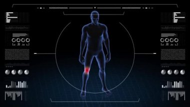 Diz patolojisi olan adam. Çocuğun üç boyutlu vücudu. Dönen animasyon ve erkek insan yapısına yakın çekim. 4k HUD görüntüsü.