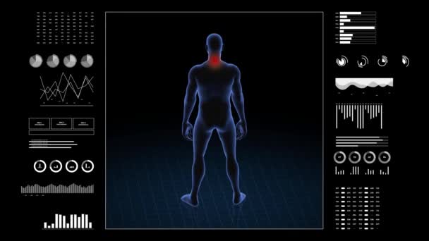 有颈椎病的人3D身体的男孩 旋转动画和男性人体结构的特写 Hud镜头 — 图库视频影像