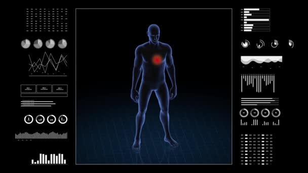 有心脏病理学的人3D身体的男孩 旋转动画和男性人体结构的特写 Hud镜头 — 图库视频影像