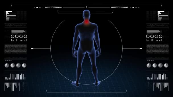 有颈椎病的人3D身体的男孩 旋转动画和男性人体结构的特写 Hud镜头 — 图库视频影像