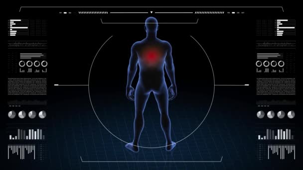 有背部病理学的人3D身体的男孩 旋转动画和男性人体结构的特写 Hud镜头 — 图库视频影像
