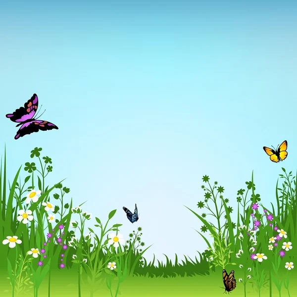 Pradera floreciente y mariposas — Vector de stock