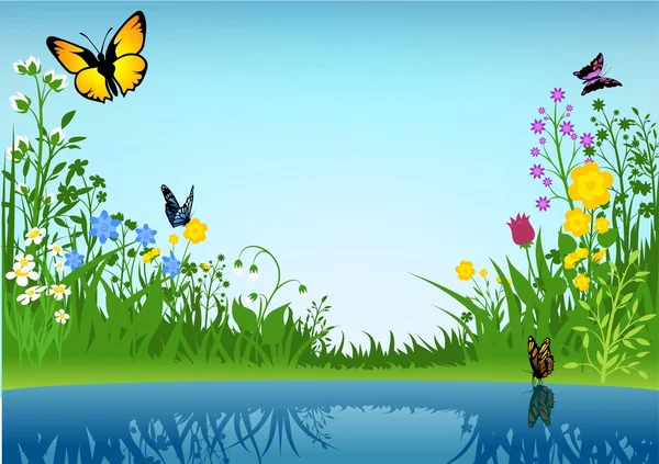 Маленькое озеро и бабочки — стоковый вектор