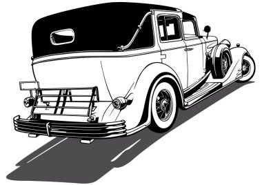 1930 'lardan kalma bir Cadillac V16 Vintage Car' ın çizimi - Beyaz Arkaplanda izole edilmiş Siyah ve Beyaz Görüntü, Vektör