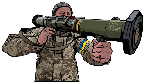 Ukrainian Defending Soldier Rocket Launcher Colored Illustration Isolated White Background - Stok Vektor