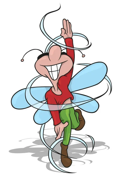 Leende Vinged Beetle Spinning Pirouette Färgad Tecknad Illustration Isolerad Vit — Stock vektor