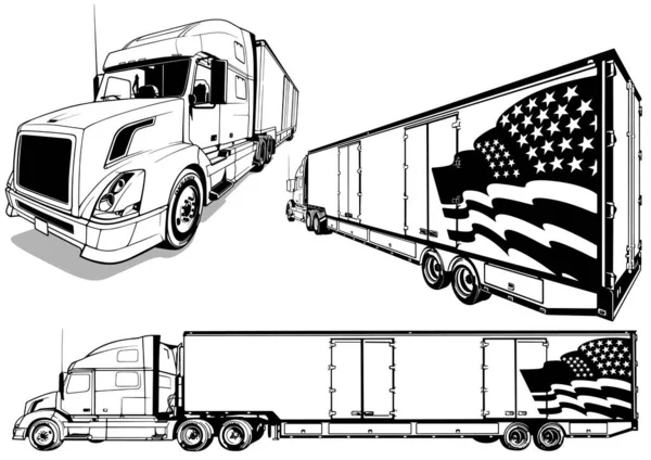 Zeichnungen Eines Amerikanischen Lastwagens Mit Anhänger Schwarze Illustrationen Auf Weißem — Stockvektor