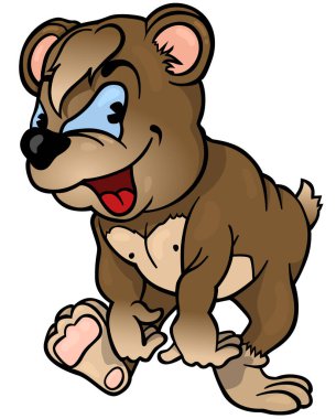 Kahverengi Gülümseyen Ayı Mavi Gözlü Yürürken Beyaz Arkaplanda İzole Edilmiş Renkli Çizgi Film Çizimi