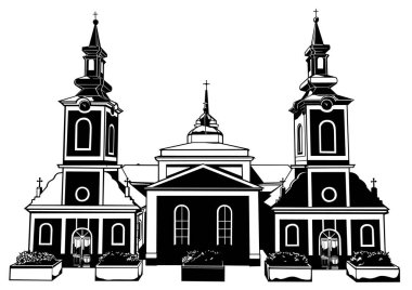 Ön Bakış 'tan bir Hıristiyan Tuğla Kilisesi çizimi - Beyaz Arkaplan' da izole edilmiş Siyah Çizim, Vektör
