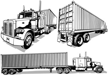 Set of Drawings of an American Truck with a Trailer - Black Illustrations Isolated on White Background, Vector clipart
