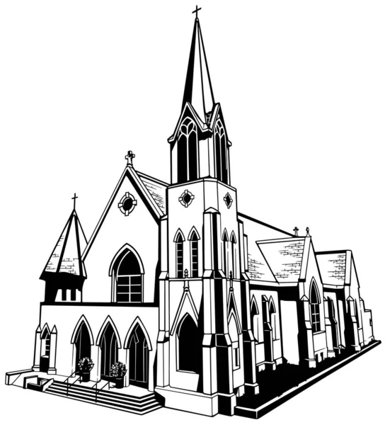 Tekening Van Een Christelijke Bakstenen Kerk Van Voren Black Illustration — Stockvector