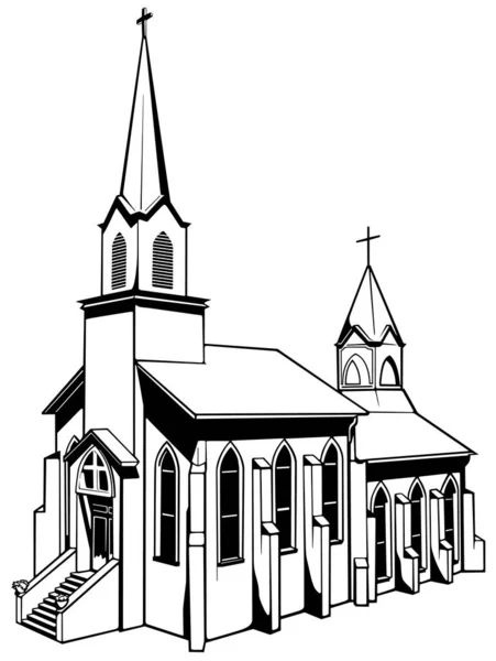 Dessin Une Église Brique Chrétienne Illustration Noire Isolée Sur Fond — Image vectorielle