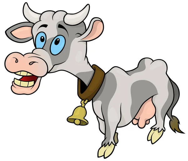 Funny Spotty Cow Con Una Campana Sul Collo Illustrazione Cartone — Vettoriale Stock