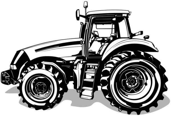 Kresba Farmy Traktoru Bočního Pohledu Černá Ilustrace Izolované Bílém Pozadí — Stockový vektor