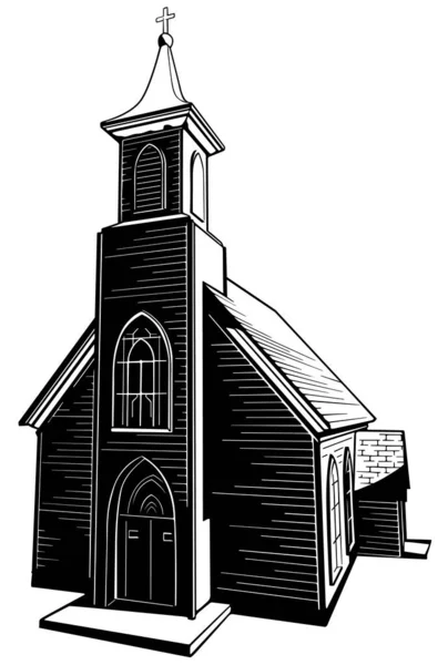 Drawing Christian Wooden Church Black Illustration Isolated White Background Vector — ストックベクタ